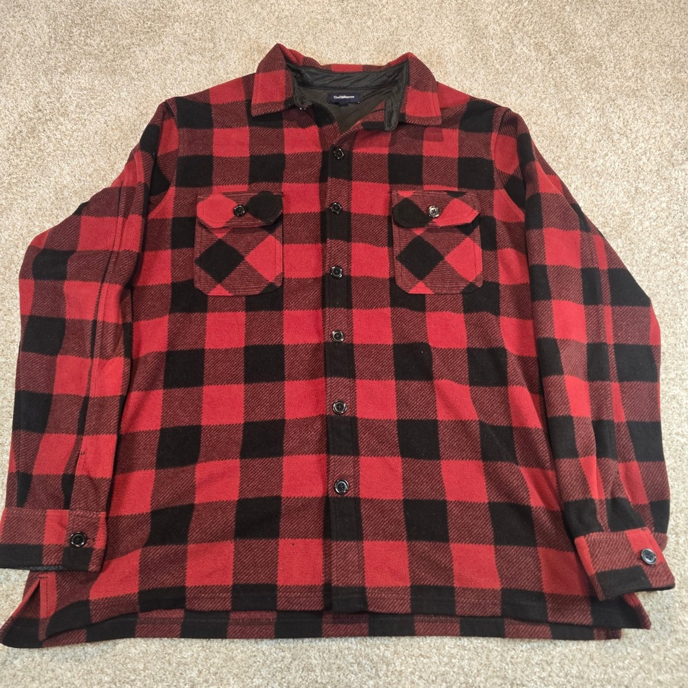 Croft & Barrow Mens XXL Red Black Buffalo Plaid Fleece Button Up Shirt Jacket - Picture 1 of 9